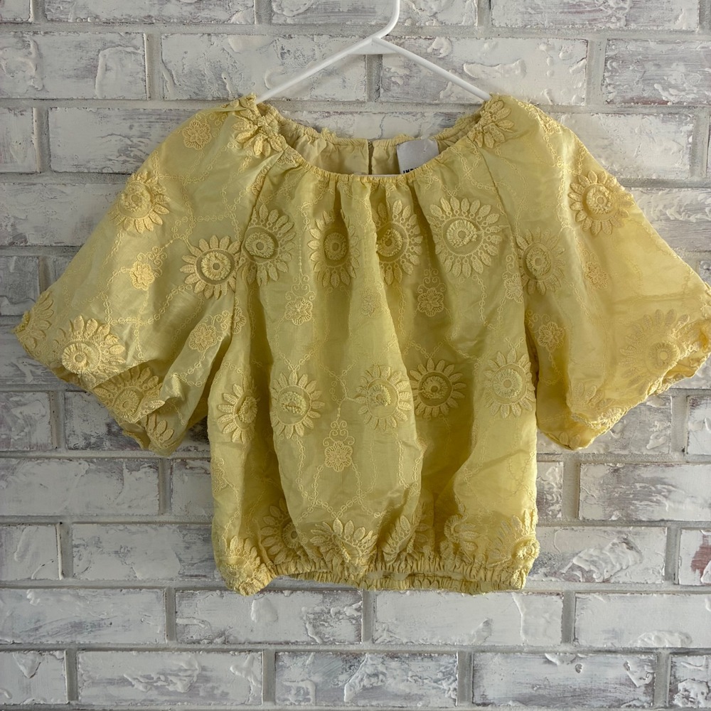 Industry Republic Clothing Yellow Floral Embroidered Puff Sleeve Crop Top Small